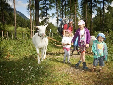Kinder und Vater auf Geissenspaziergang im Wald