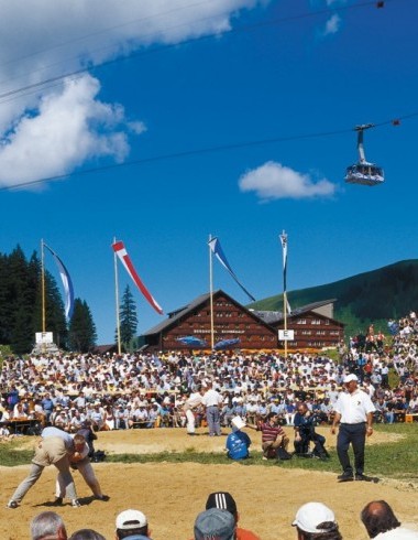 Zuschauer sehen Schwinger im Kampf