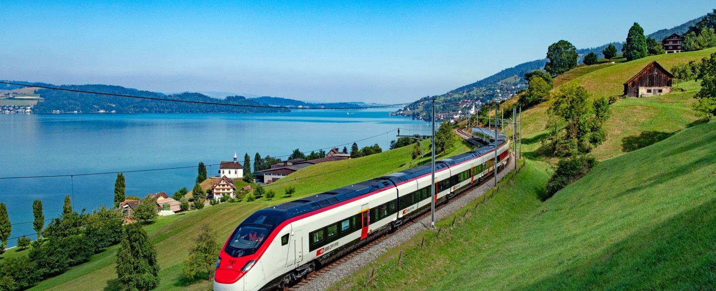 SBB Zug fährt im Sommer am See lang